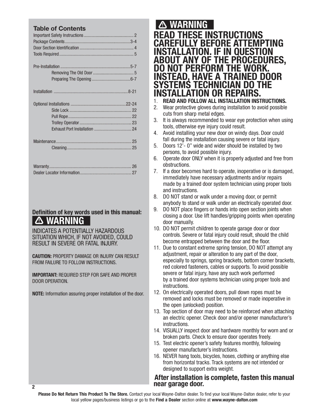 Wayne-Dalton 8850 installation instructions Table of Contents 