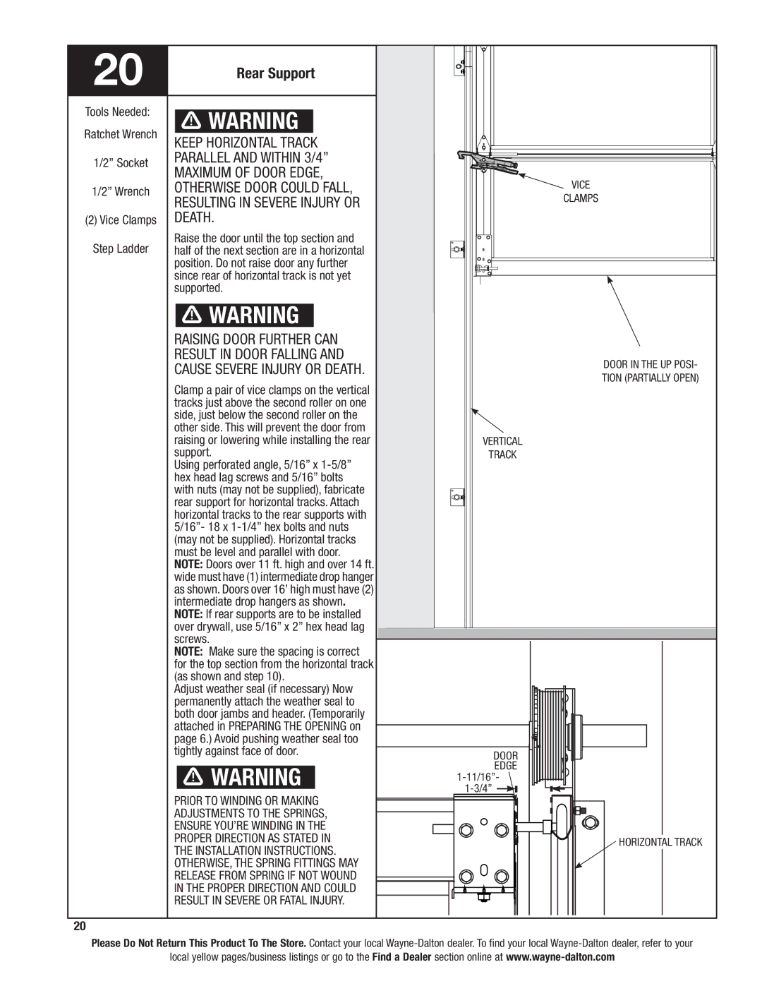 Wayne-Dalton 8850 Rear Support, Keep horizontal track, Parallel and within 3/4 Maximum of door edge, Death 