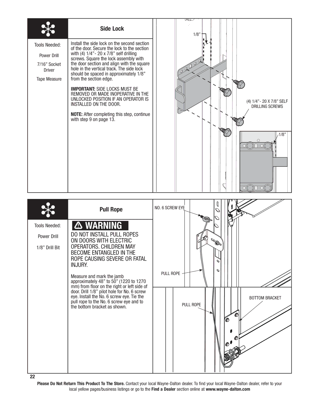 Wayne-Dalton 8850 installation instructions Side Lock, Pull Rope 