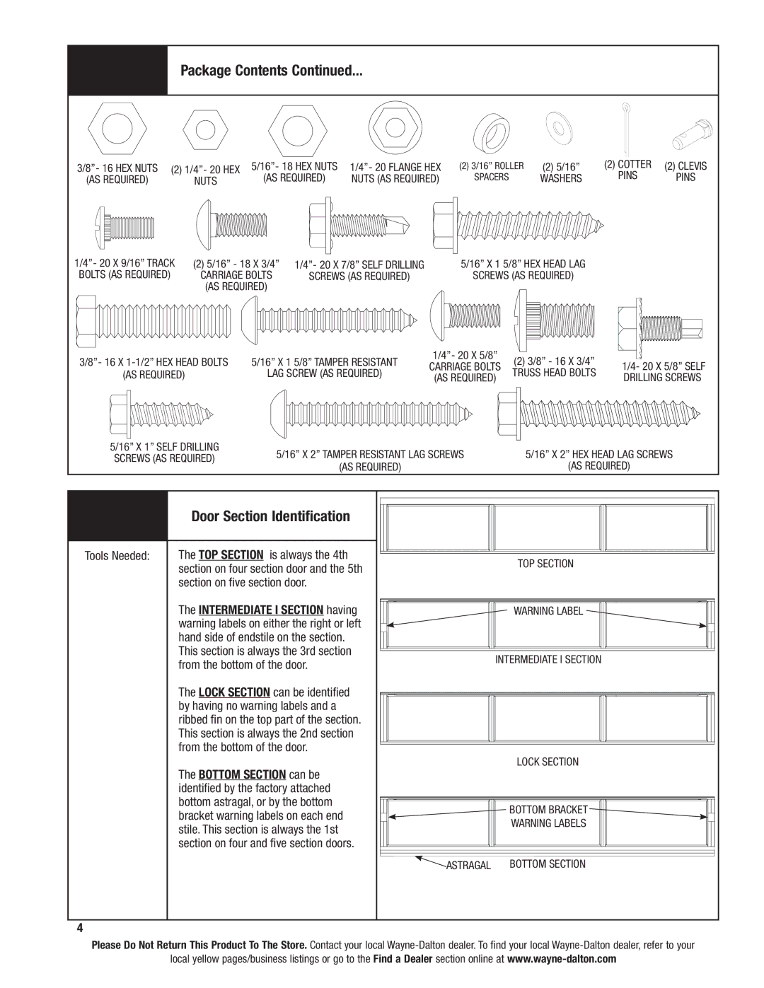 Wayne-Dalton 8850 installation instructions Package Contents, Door Section Identification 