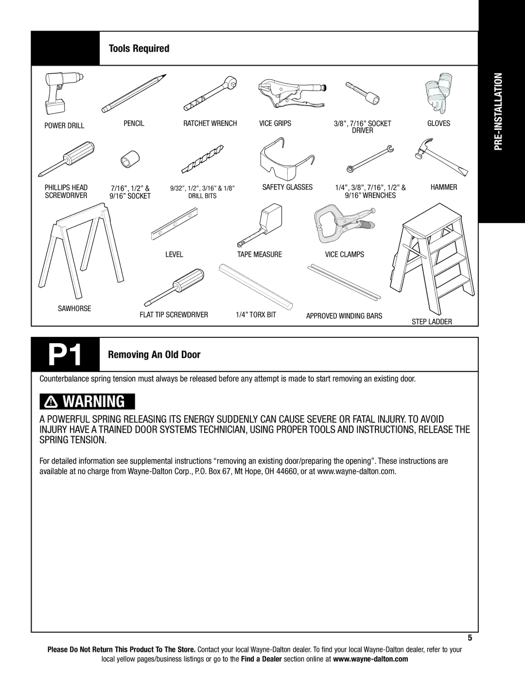 Wayne-Dalton 8850 installation instructions Tools Required, P1 Removing An Old Door 