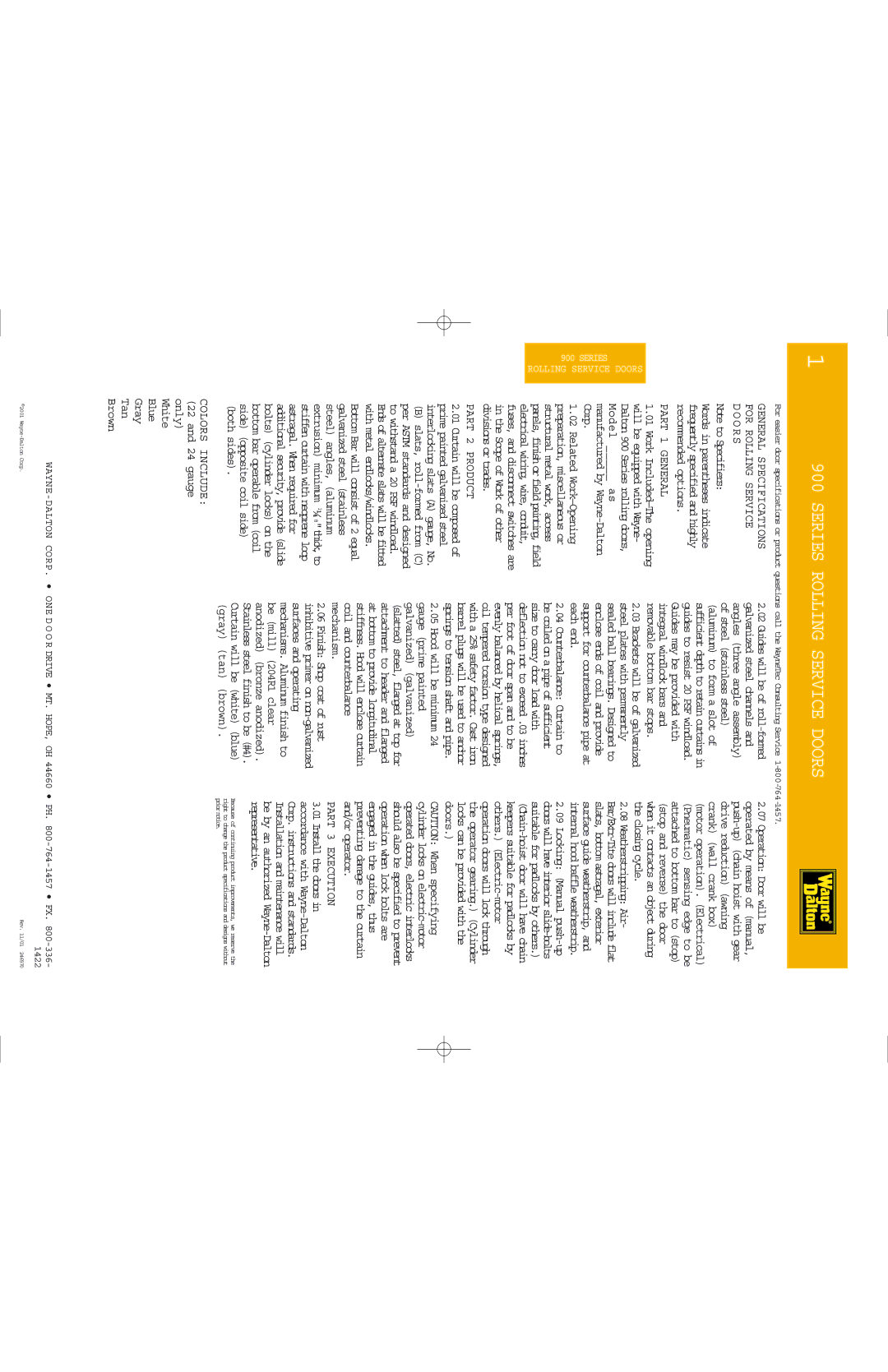 Wayne-Dalton 900 specifications Series Rolling Service Doors, O R S, Part 1 General, Part 2 Product, Part 3 Execution 