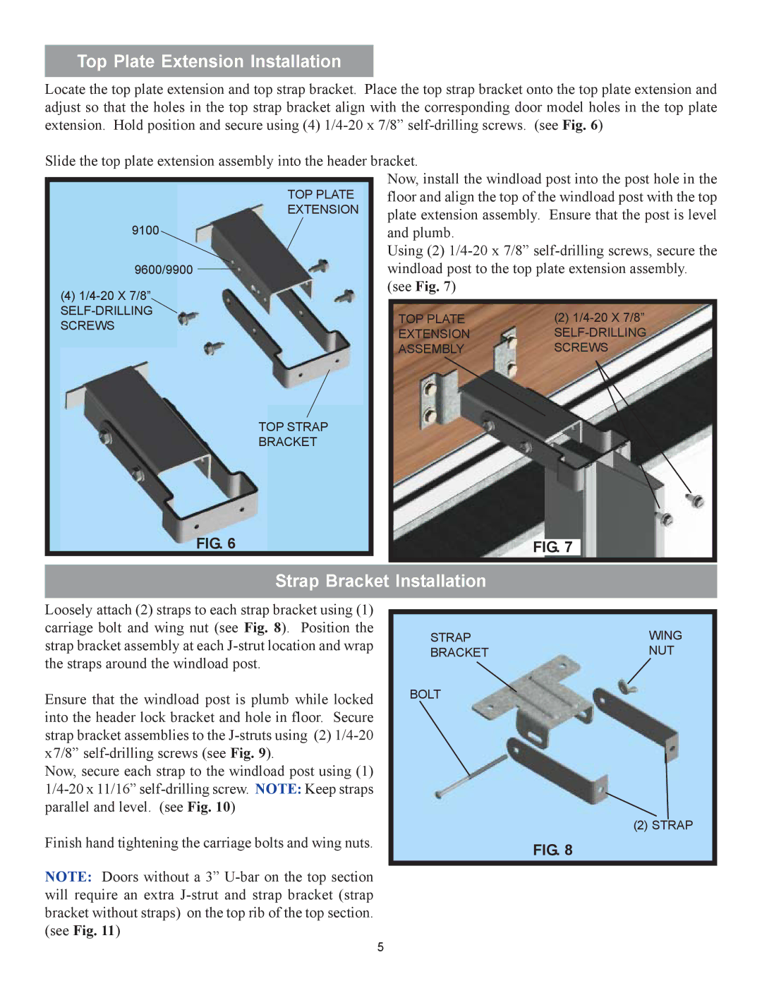 Wayne-Dalton 9100 installation instructions Top Plate Extension Installation, Strap Bracket Installation 