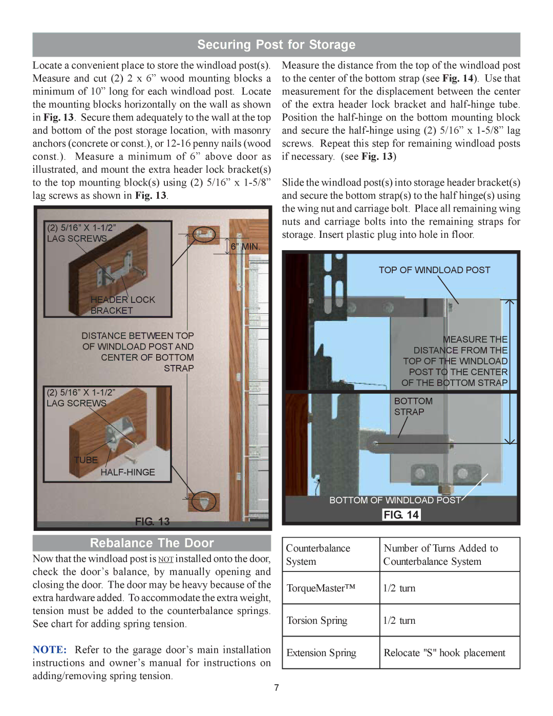 Wayne-Dalton 9100 installation instructions Securing Post for Storage, Rebalance The Door 