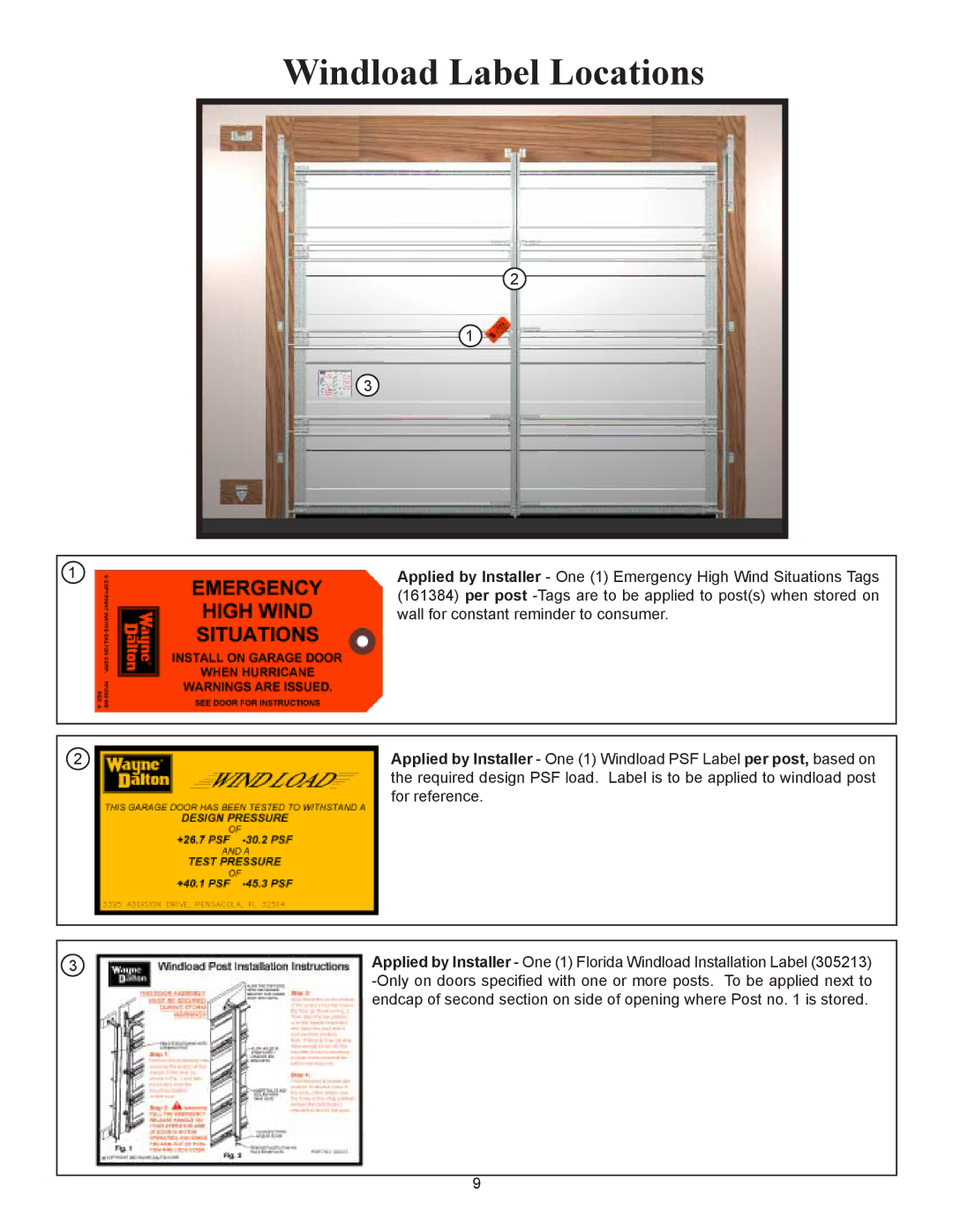 Wayne-Dalton 9100 installation instructions Windload Label Locations 