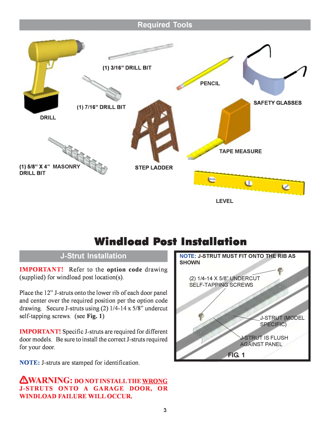 Wayne-Dalton 9100 installation instructions Windload Post Installation, Required Tools, J-StrutInstallation 