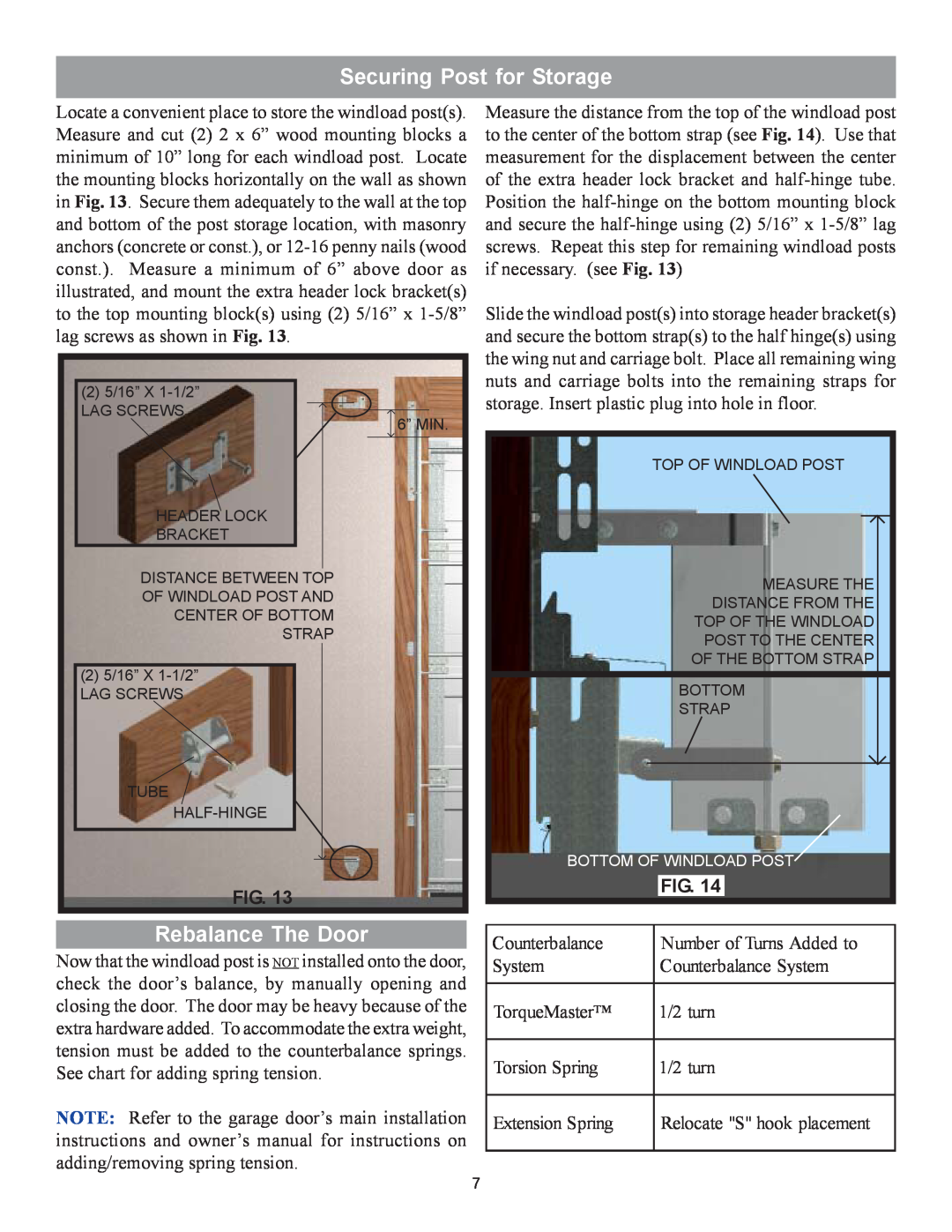 Wayne-Dalton 9100 installation instructions Securing Post for Storage, Rebalance The Door 