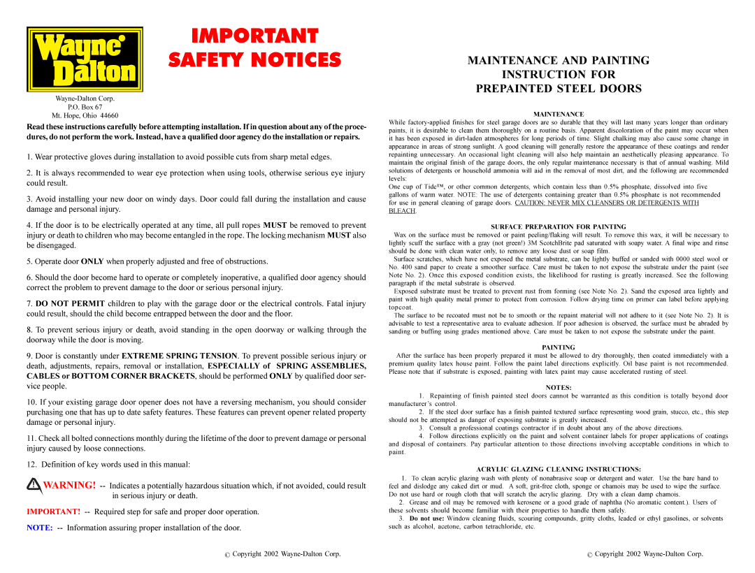 Wayne-Dalton 9600 Thermoguard Maintenance, Surface Preparation for Painting, Acrylic Glazing Cleaning Instructions 