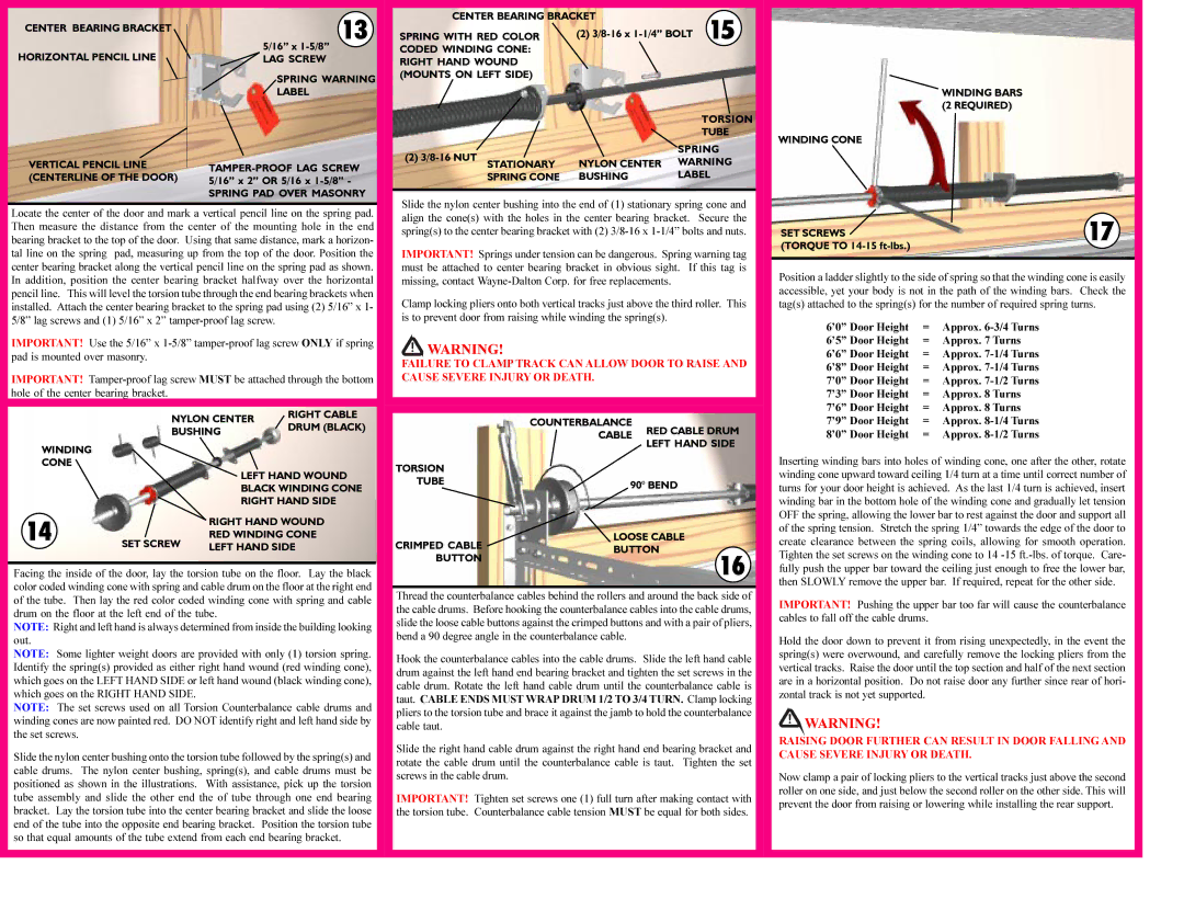 Wayne-Dalton 9200 Foamcore Center Bearing Bracket Horizontal Pencil Line, Spring Warning, Label, Spring PAD Over Masonry 