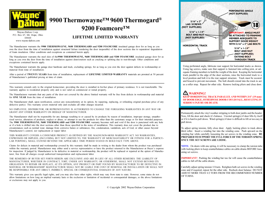 Wayne-Dalton 9900 Thermowayne, 9200 Foamcore LAG Screws not Supplied, Bolt and NUT Not Supplied Extend Bolt Through Track 