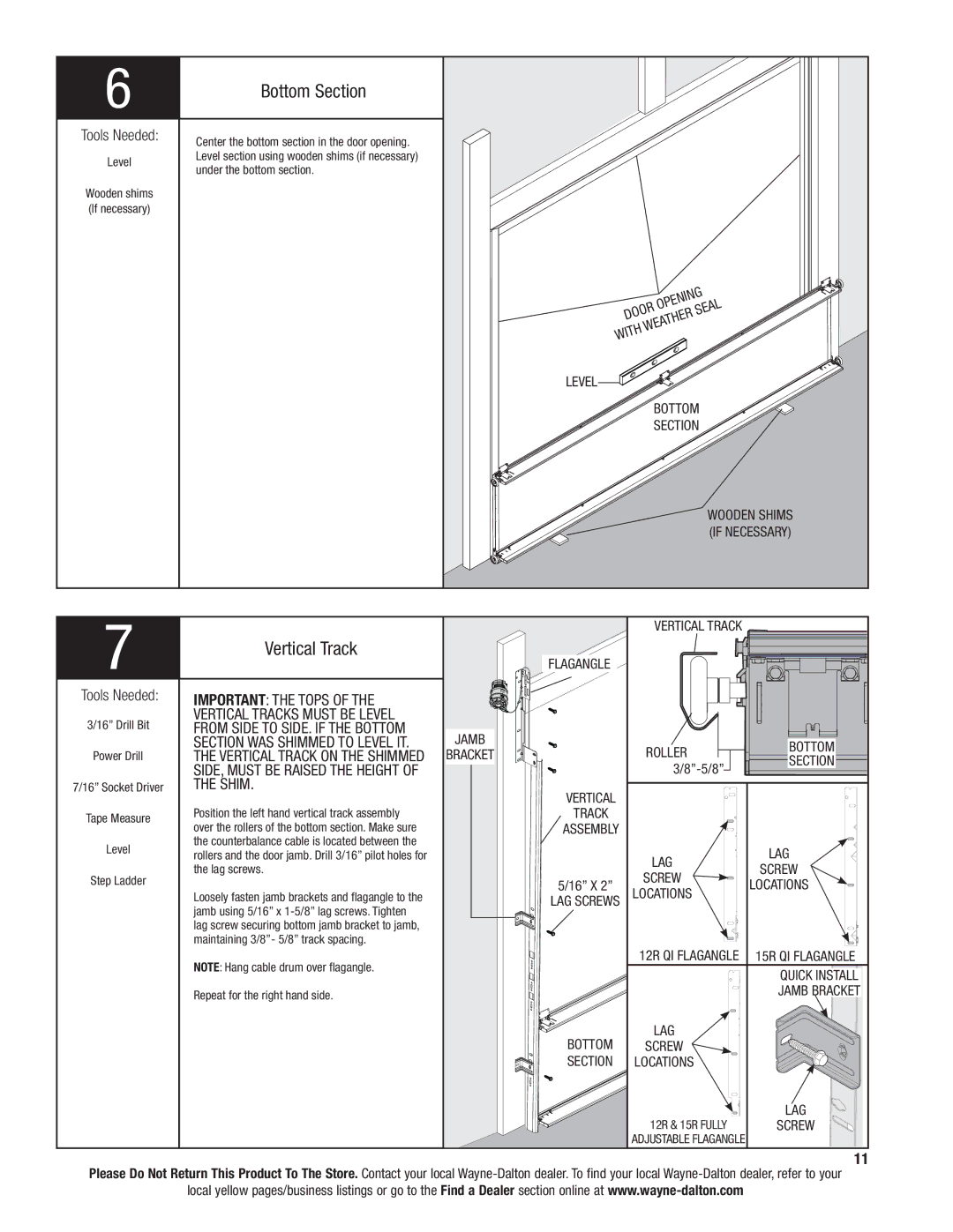 Wayne-Dalton 9300 installation instructions Bottom Section, Vertical Track, Important the Tops, Shim 