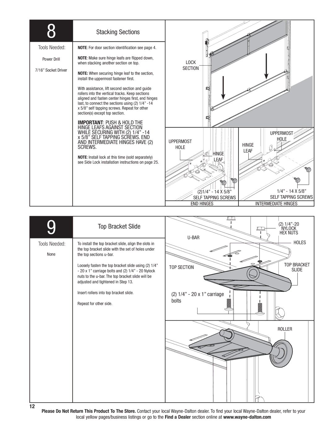 Wayne-Dalton 9300 installation instructions Top Bracket Slide, 4 20 x 1 carriage bolts 