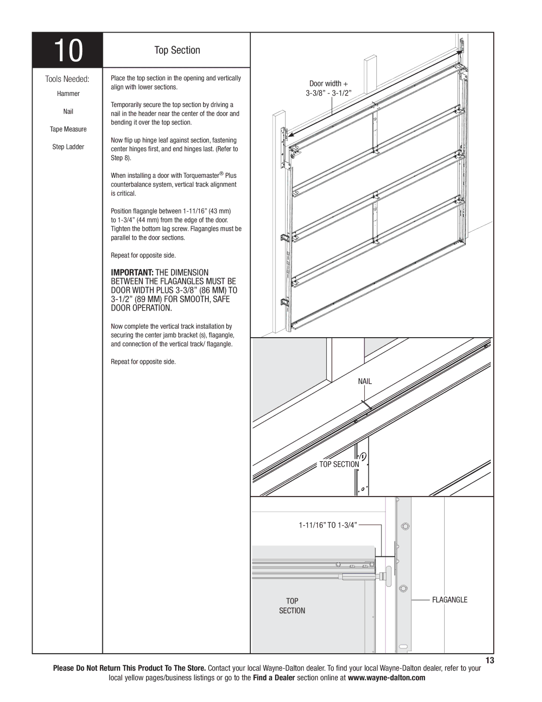 Wayne-Dalton 9300 installation instructions Top Section, Important the Dimension, Door Operation, Nail TOP Section 