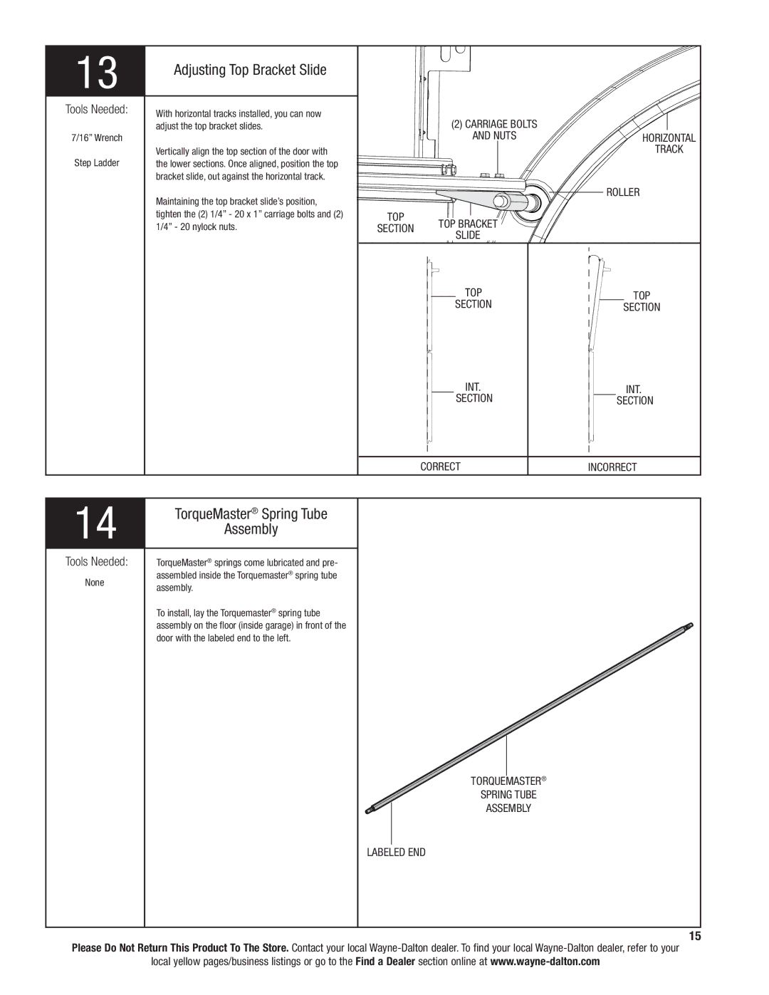 Wayne-Dalton 9300 installation instructions Adjusting Top Bracket Slide, TorqueMaster Spring Tube, Assembly, Correct 