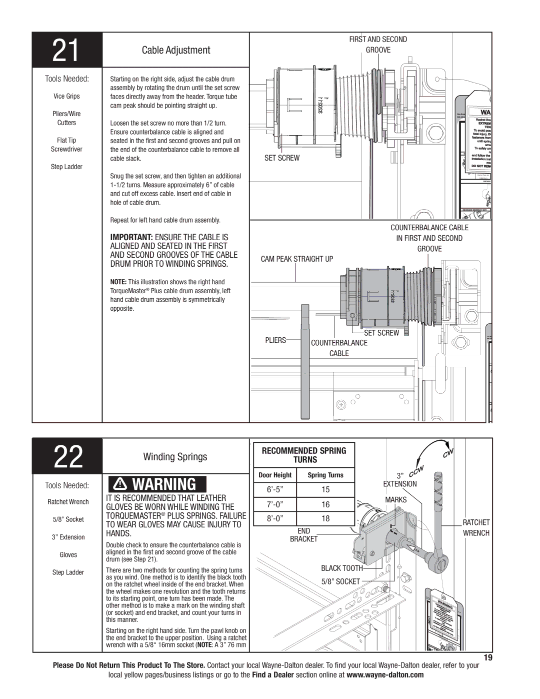 Wayne-Dalton 9300 installation instructions Cable Adjustment, Winding Springs, Hands, Recommended Spring Turns 