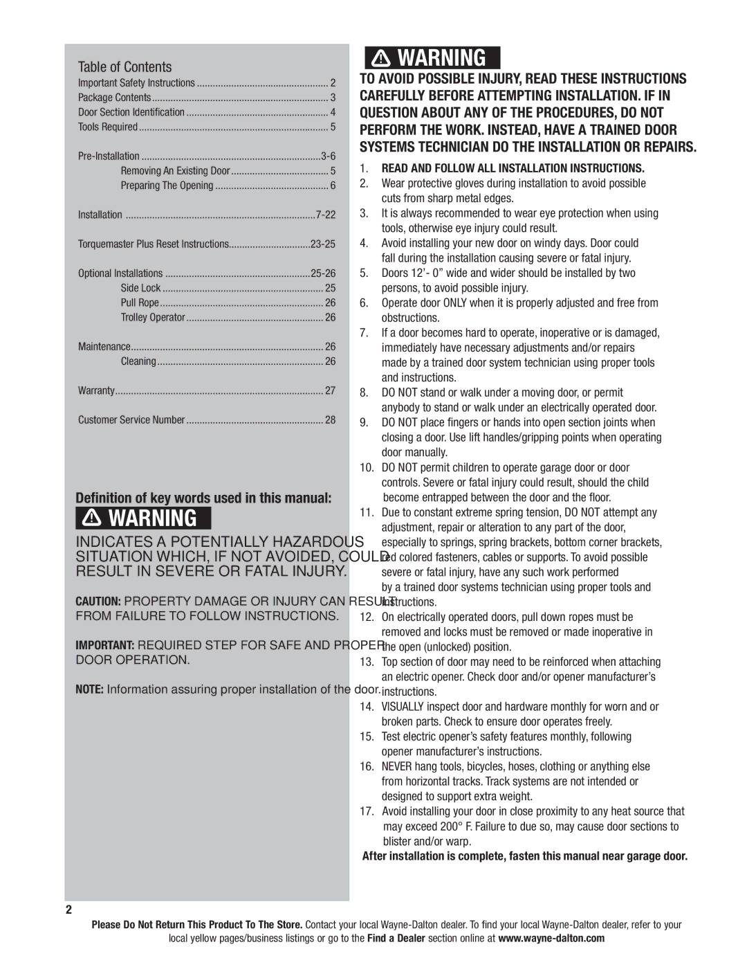 Wayne-Dalton 9300 installation instructions Table of Contents, Deﬁnition of key words used in this manual 