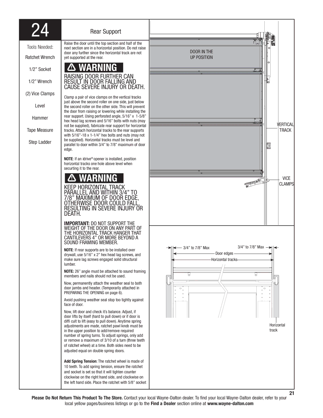 Wayne-Dalton 9300 installation instructions Rear Support, Door, UP Position, Vice, Clamps 