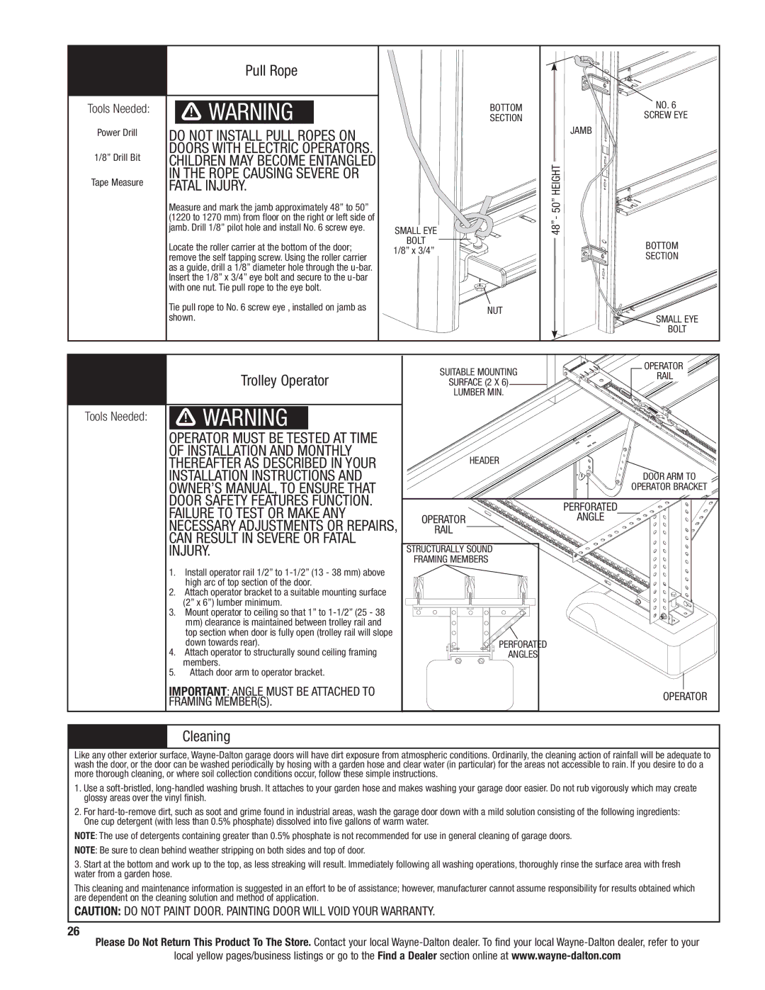 Wayne-Dalton 9300 installation instructions Pull Rope, Trolley Operator, Cleaning 