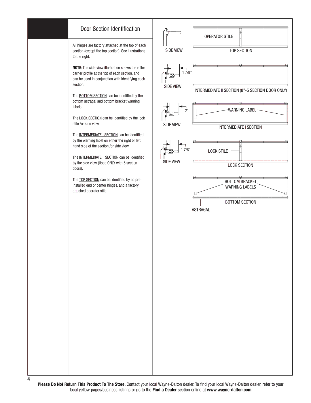 Wayne-Dalton 9300 installation instructions Door Section Identification, Operator Stile Side View, Lock Stile, Astragal 