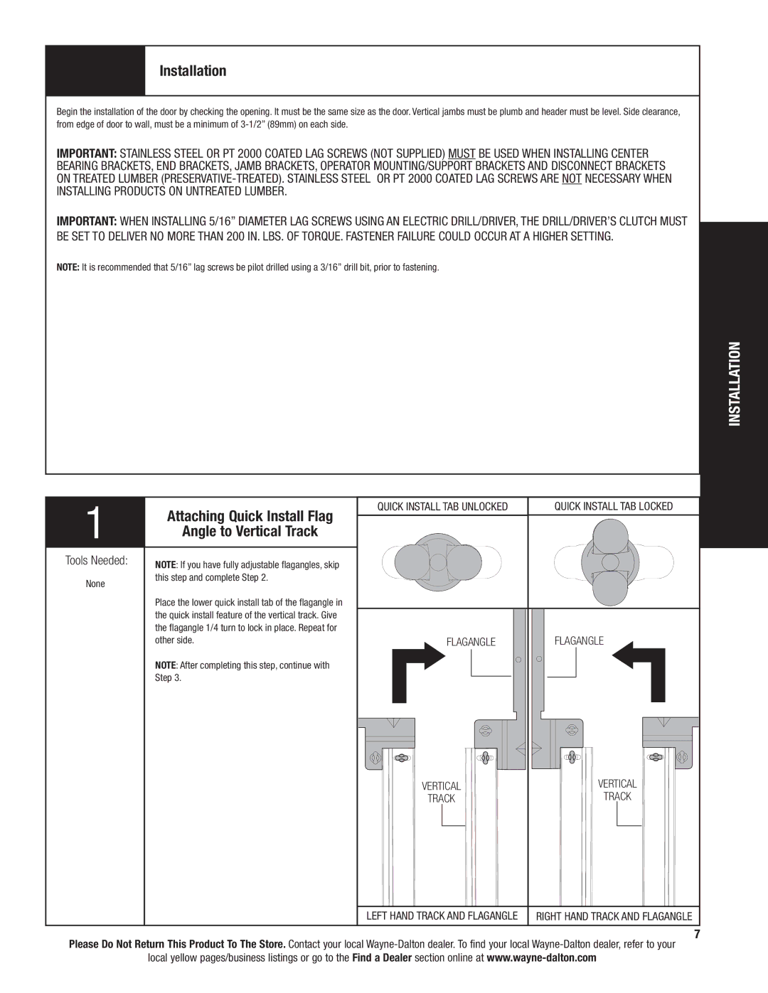 Wayne-Dalton 9300 Installation, Attaching Quick Install Flag, Angle to Vertical Track, Flagangle, Quick Install TAB Locked 