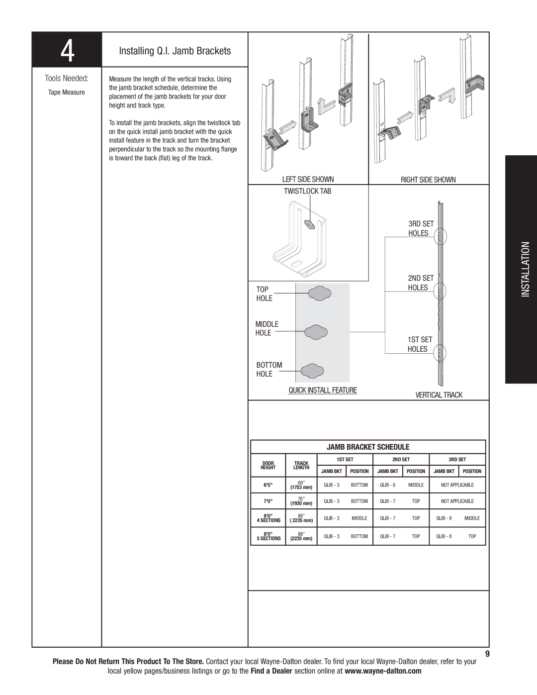 Wayne-Dalton 9300 installation instructions Installing Q.I. Jamb Brackets, Right Side Shown, Top, 3RD SET Holes 