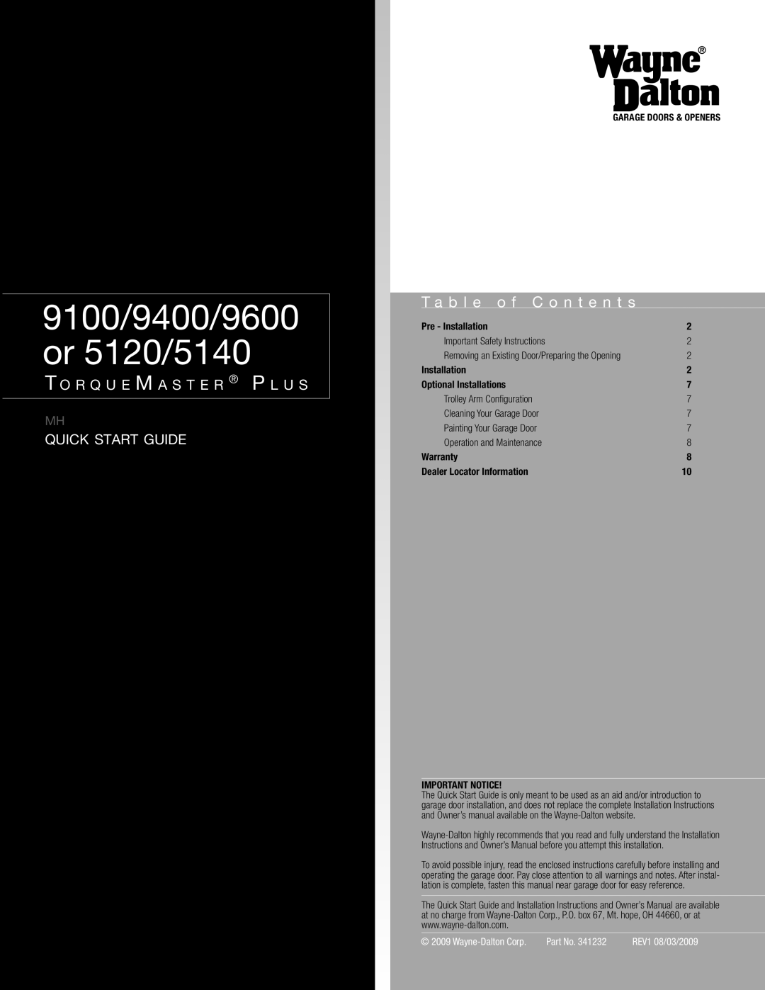Wayne-Dalton 9100, 9400, 9600 quick start Pre Installation Important Safety Instructions, Important Notice 