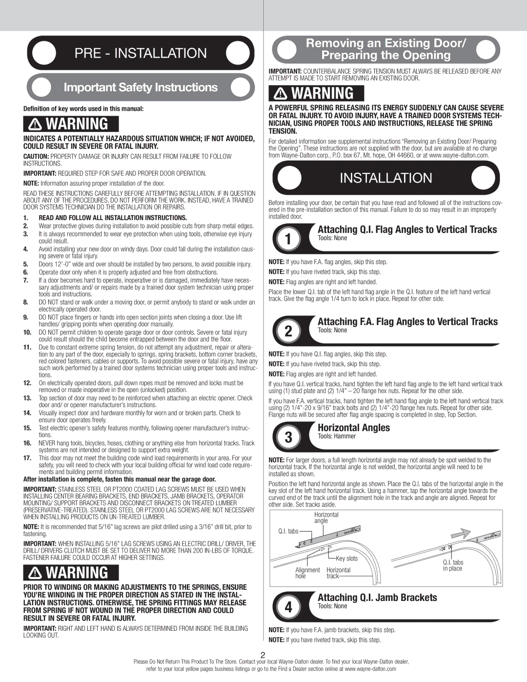 Wayne-Dalton 9600, 9400 Important Safety Instructions, Removing an Existing Door Preparing the Opening, Horizontal Angles 