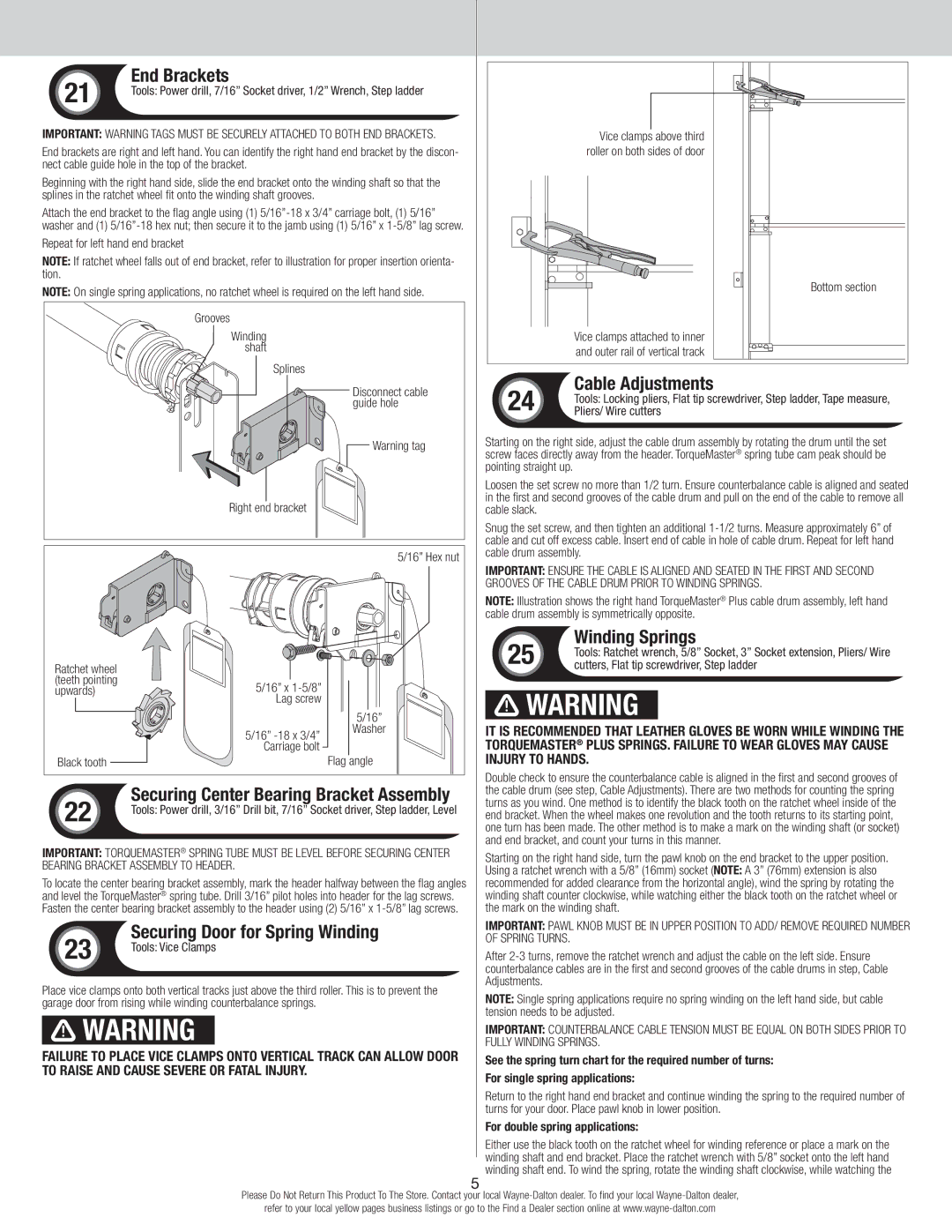 Wayne-Dalton 9600, 9400, 9100 quick start End Brackets, Cable Adjustments, Winding Springs, Securing Door for Spring Winding 