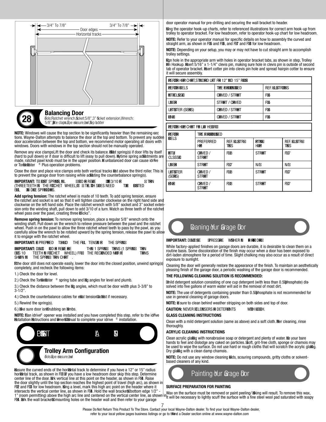 Wayne-Dalton 9100, 9400 Cleaning Your Garage Door, Painting Your Garage Door, Balancing Door, Trolley Arm Configuration 