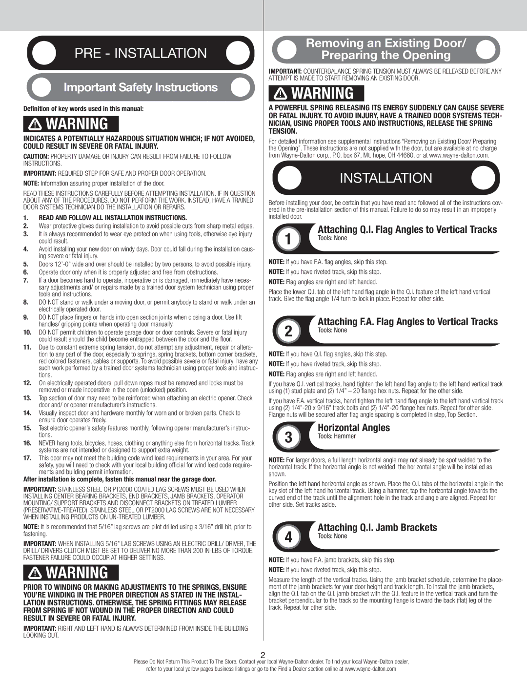 Wayne-Dalton 9600, 9400 Pre Installation, Important Safety Instructions, Removing an Existing Door Preparing the Opening 