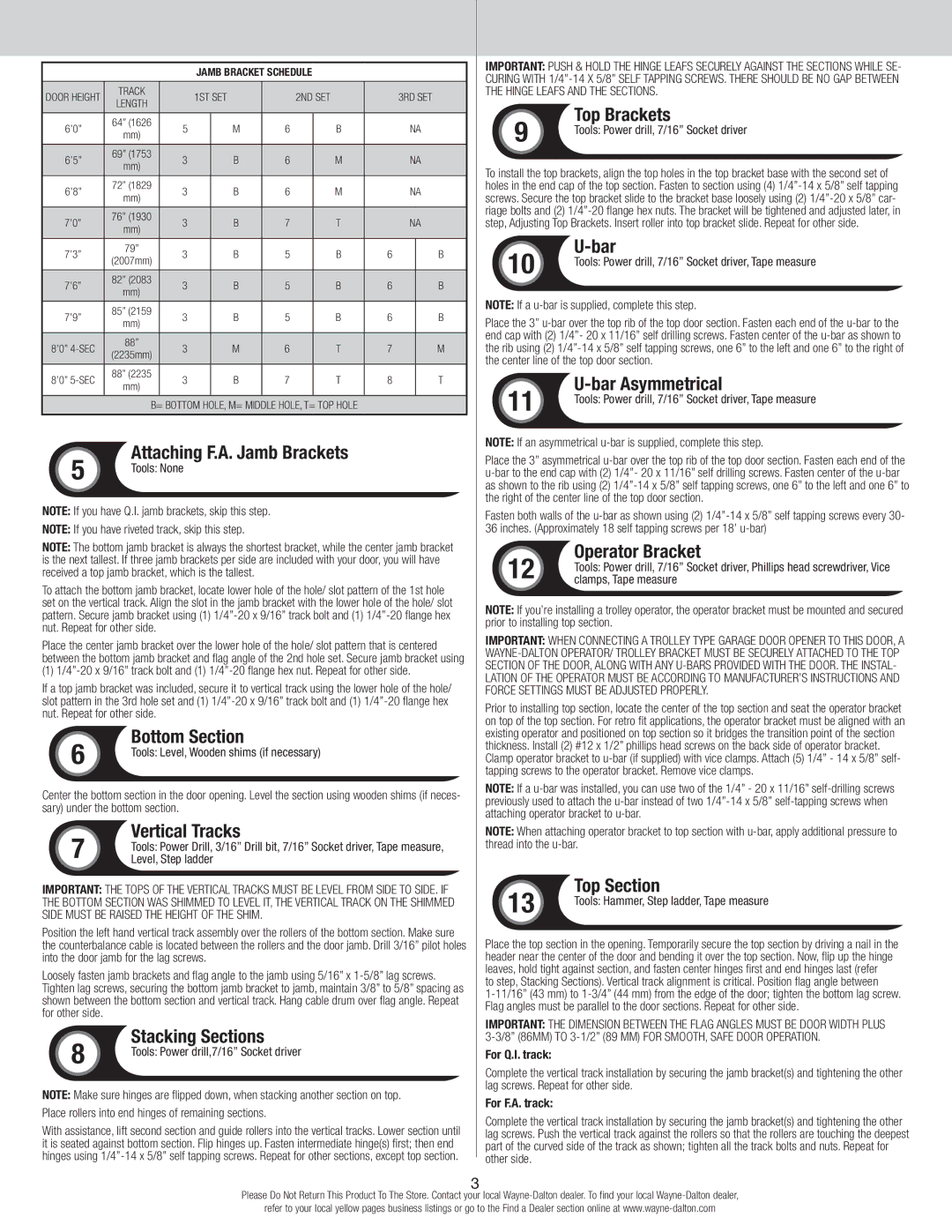 Wayne-Dalton 9400 Bottom Section, Vertical Tracks, Stacking Sections, Top Brackets, Bar Asymmetrical, Operator Bracket 