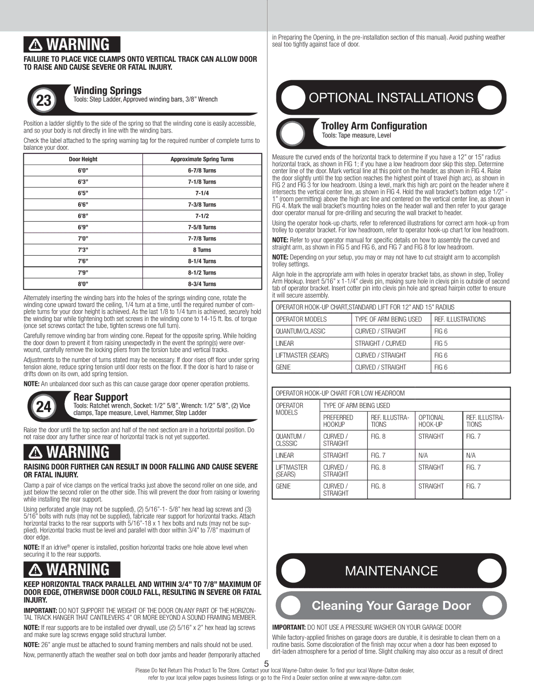 Wayne-Dalton 9600, 9400, 9100 quick start Cleaning Your Garage Door, Winding Springs, Rear Support, Trolley Arm Configuration 