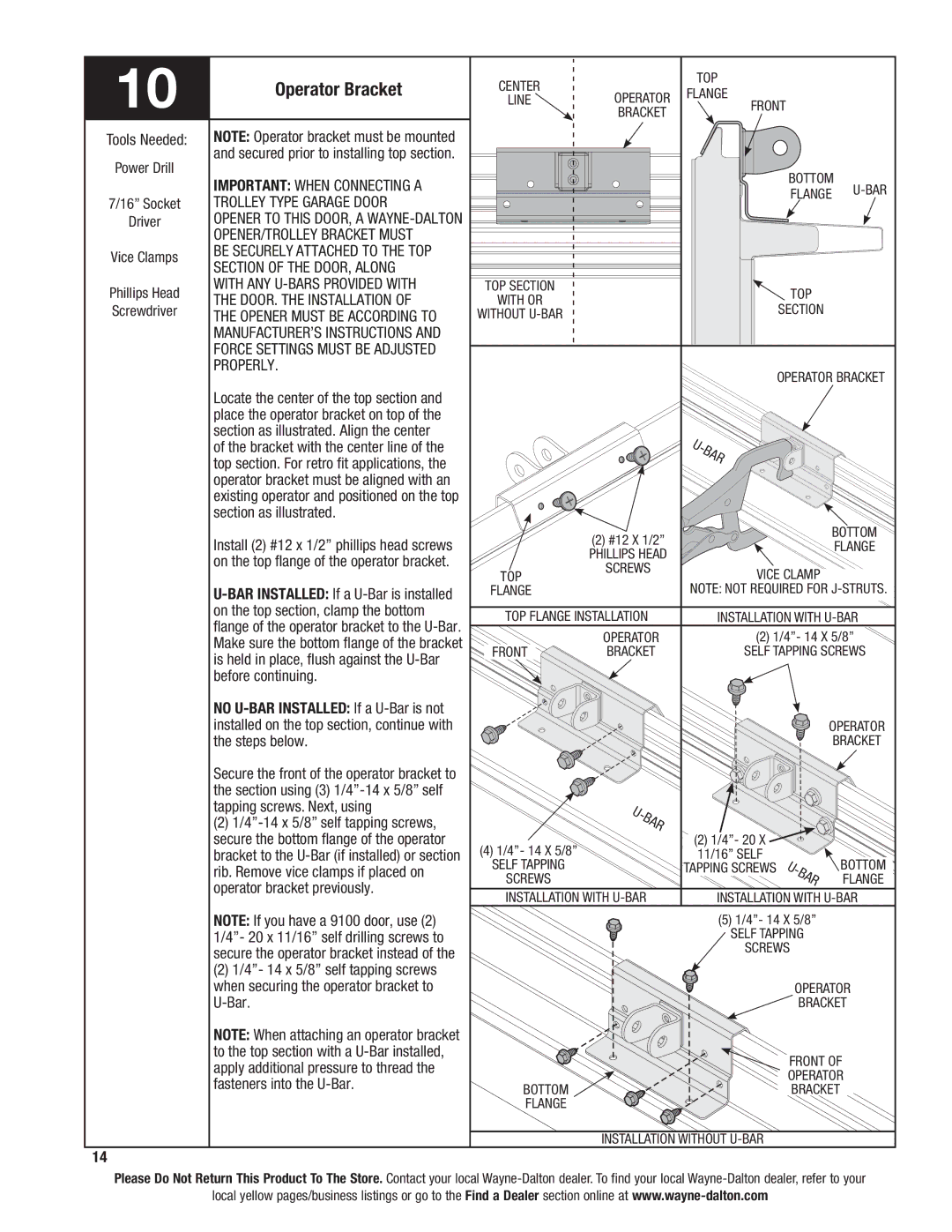 Wayne-Dalton 9600, 9400, 9100 Operator Bracket, Trolley Type Garage Door, Section of the DOOR, Along, Properly 