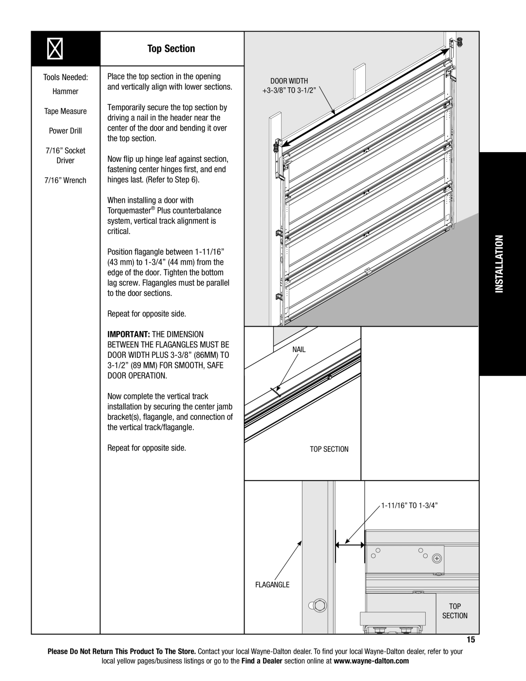 Wayne-Dalton 9400, 9100 Top Section, Important the Dimension Between the Flagangles Must be, Door Width Plus 3-3/8 86MM to 