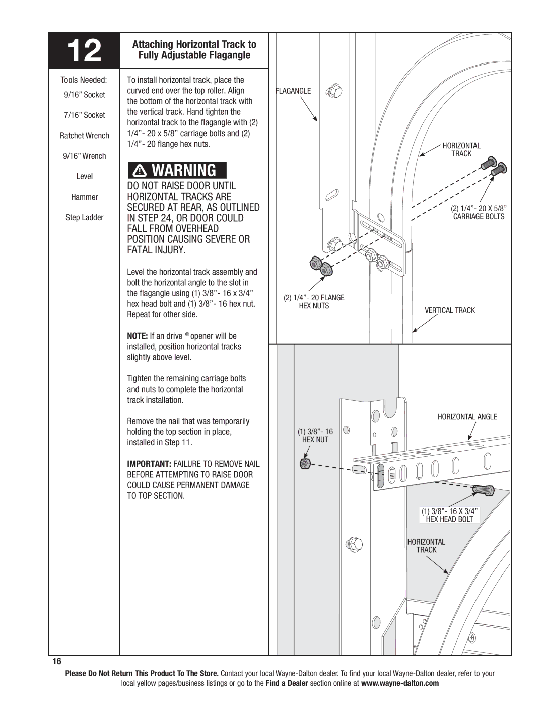 Wayne-Dalton 9100, 9400, 9600 Attaching Horizontal Track to Fully Adjustable Flagangle, SECURED­ AT REAR, AS Outlined 