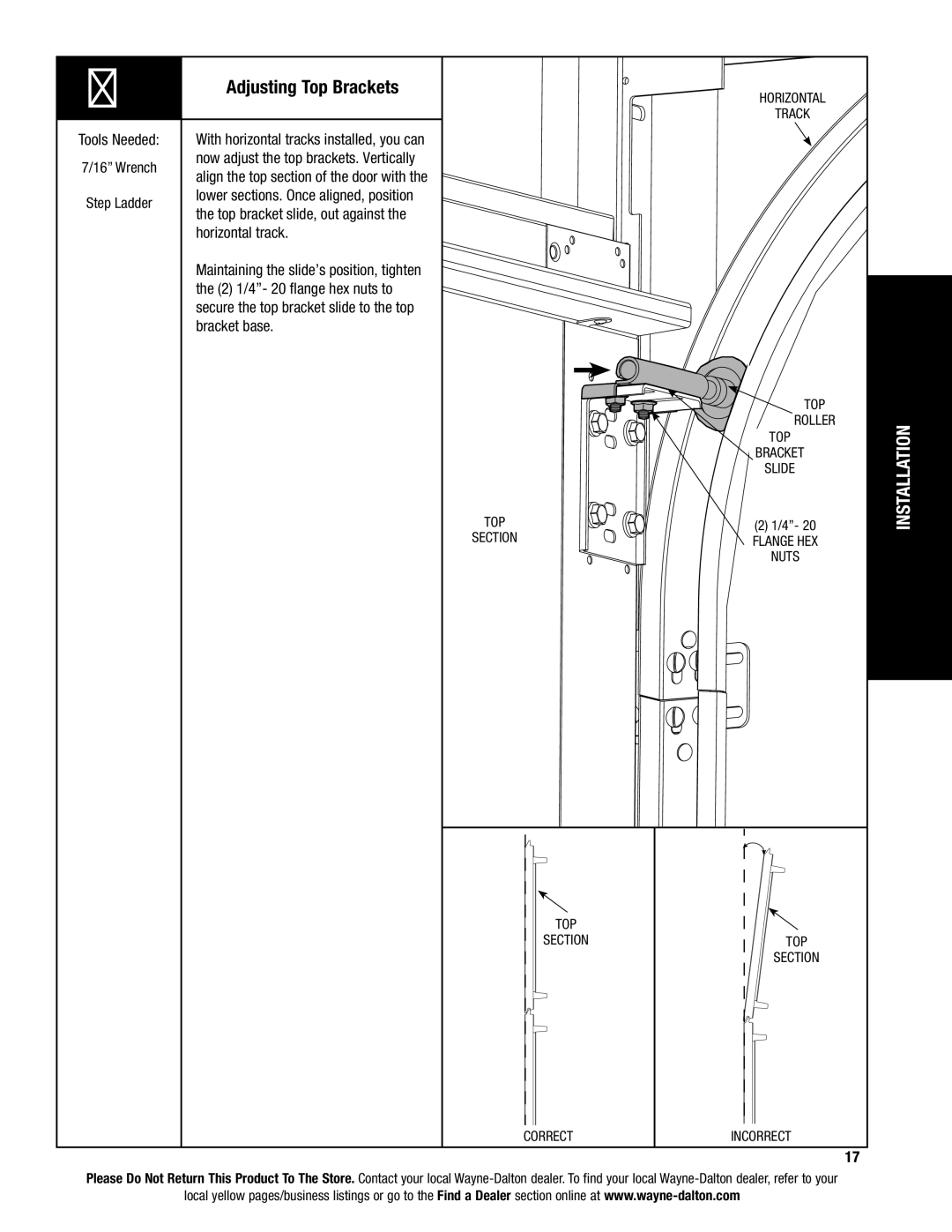 Wayne-Dalton 9600 Adjusting Top Brackets, Top bracket slide, out against, Horizontal track, 2 1/4- 20 flange hex nuts to 