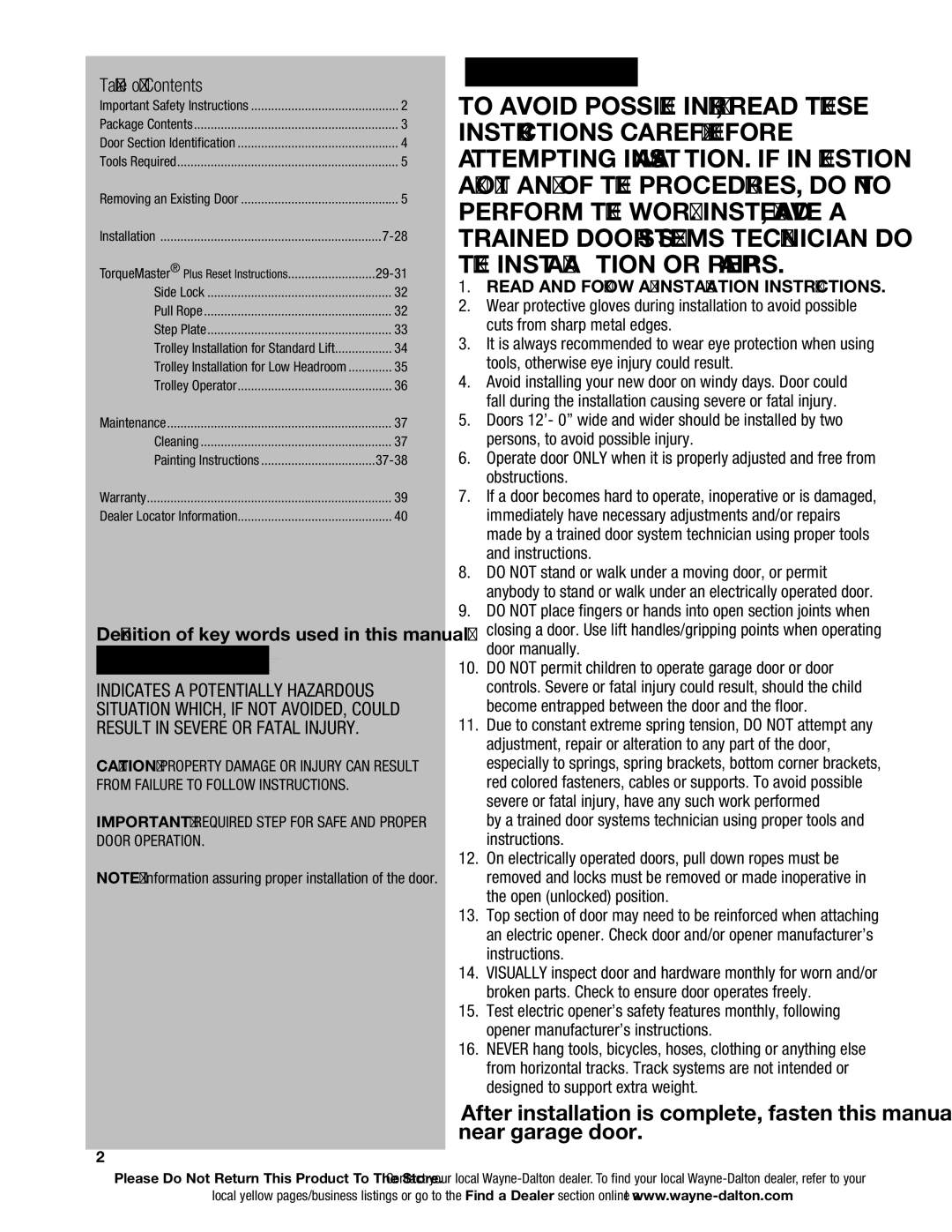 Wayne-Dalton 9600, 9400, 9100 installation instructions Table of Contents 