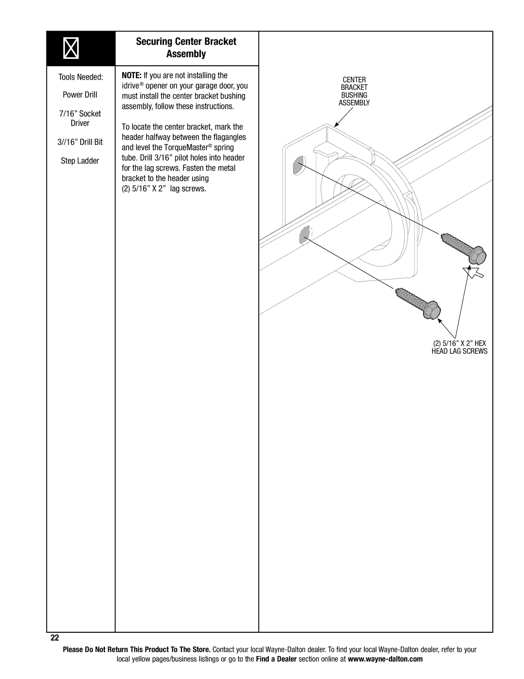 Wayne-Dalton 9100, 9400, 9600 installation instructions Securing Center Bracket, Assembly 