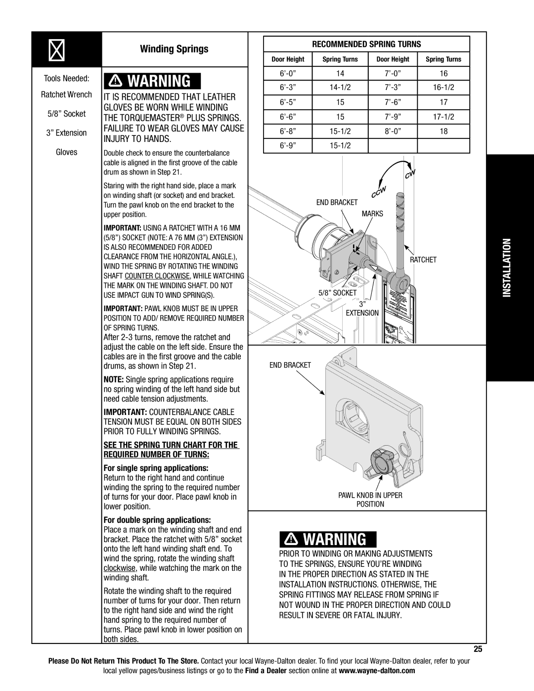 Wayne-Dalton 9100, 9400, 9600 installation instructions Winding Springs, Recommended Spring Turns 