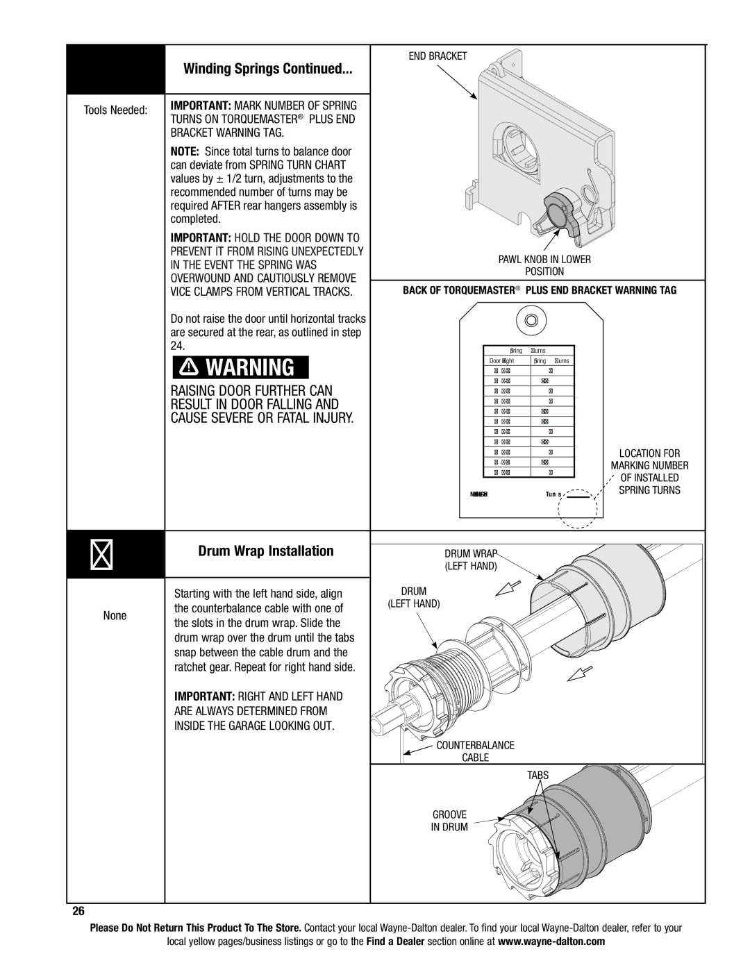 Wayne-Dalton 9600 Raising door further can, Result in door falling Cause severe or fatal injury, Drum Wrap Installation 