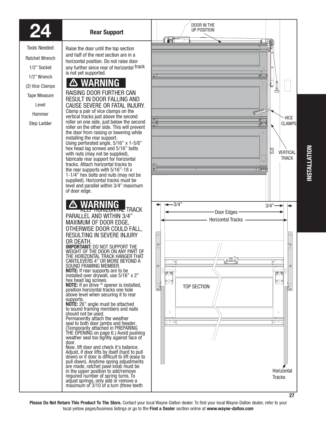 Wayne-Dalton 9400, 9100 Rear Support, Raising door further can Result in door falling, Keep horizontal track, TOP Section 