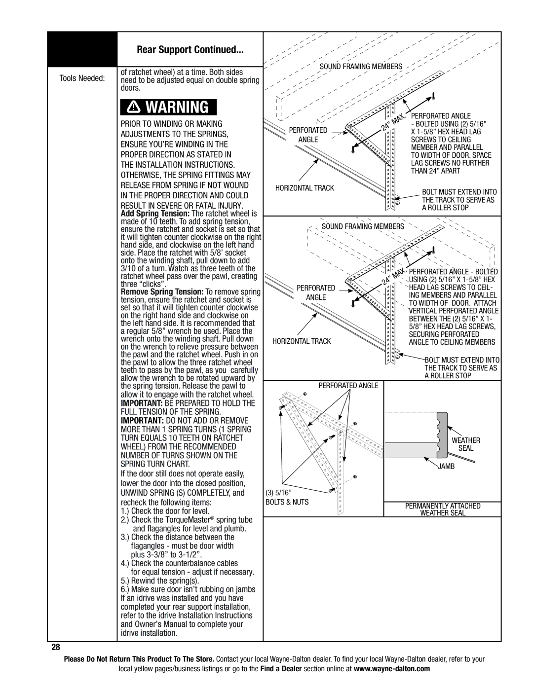 Wayne-Dalton 9100, 9400, 9600 Doors, Check the door for level, Check the counterbalance cables, Rewind the springs 