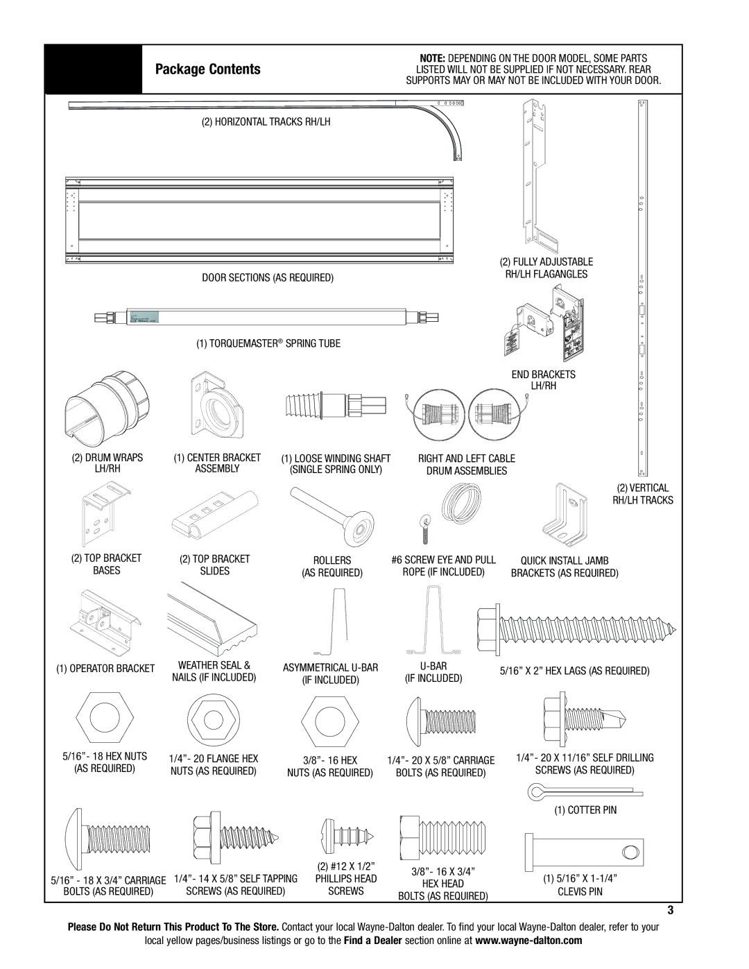 Wayne-Dalton 9400, 9100, 9600 installation instructions Package Contents 