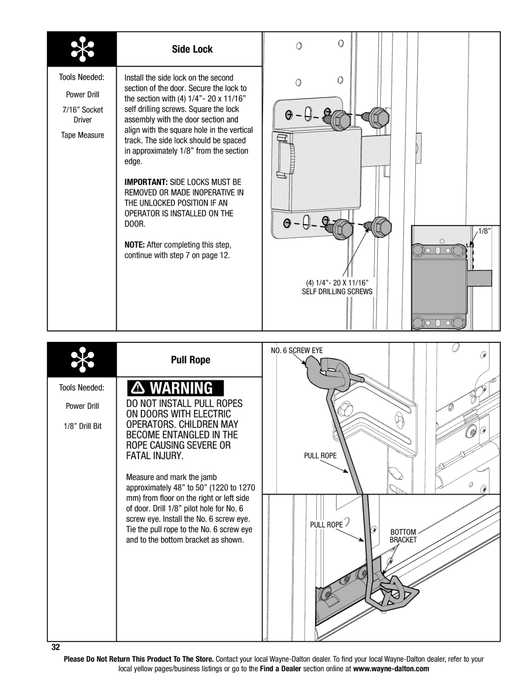 Wayne-Dalton 9600, 9400, 9100 installation instructions Side Lock, Pull Rope 