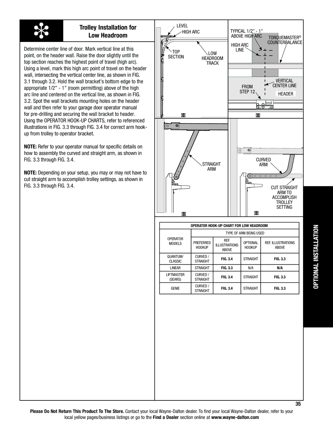 Wayne-Dalton 9600, 9400, 9100 installation instructions Trolley Installation for Low Headroom, Above high arc 