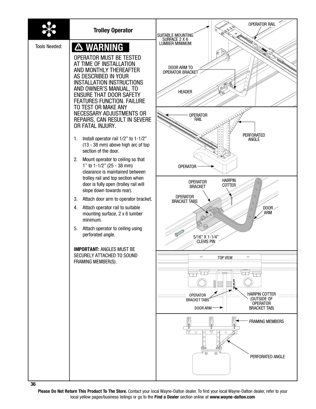 Wayne-Dalton 9400, 9100, 9600 Trolley Operator, REPAIRS, can Result in Severe, Rail Perforated Angle, Bracket tab 