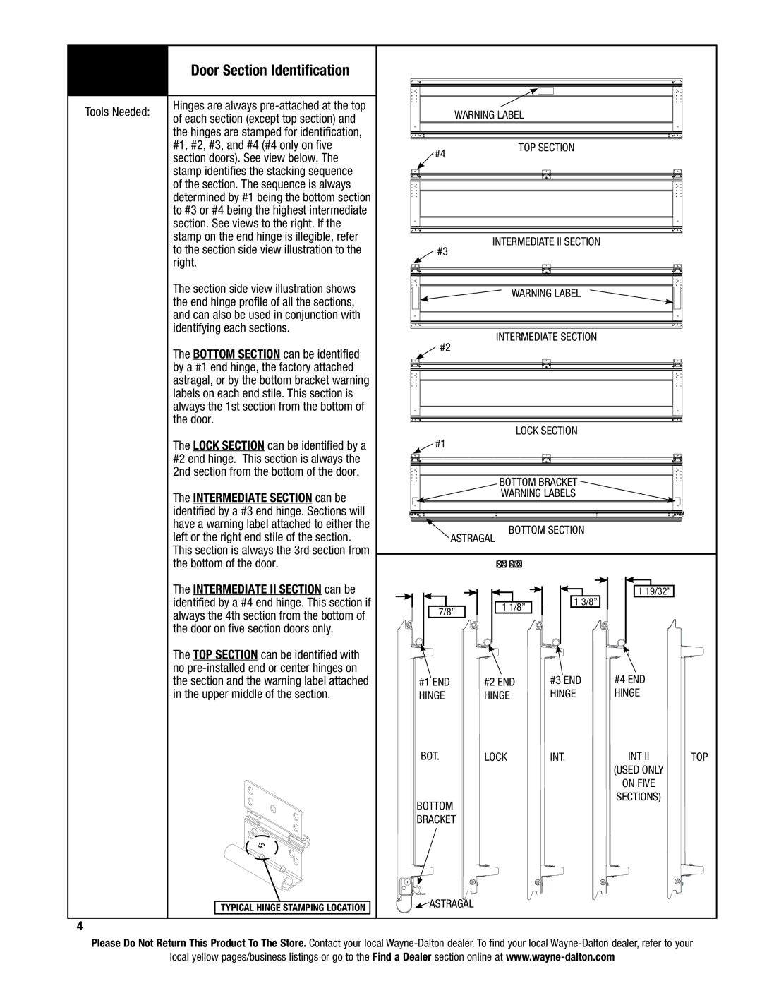 Wayne-Dalton 9100, 9400, 9600 installation instructions Door Section Identification 