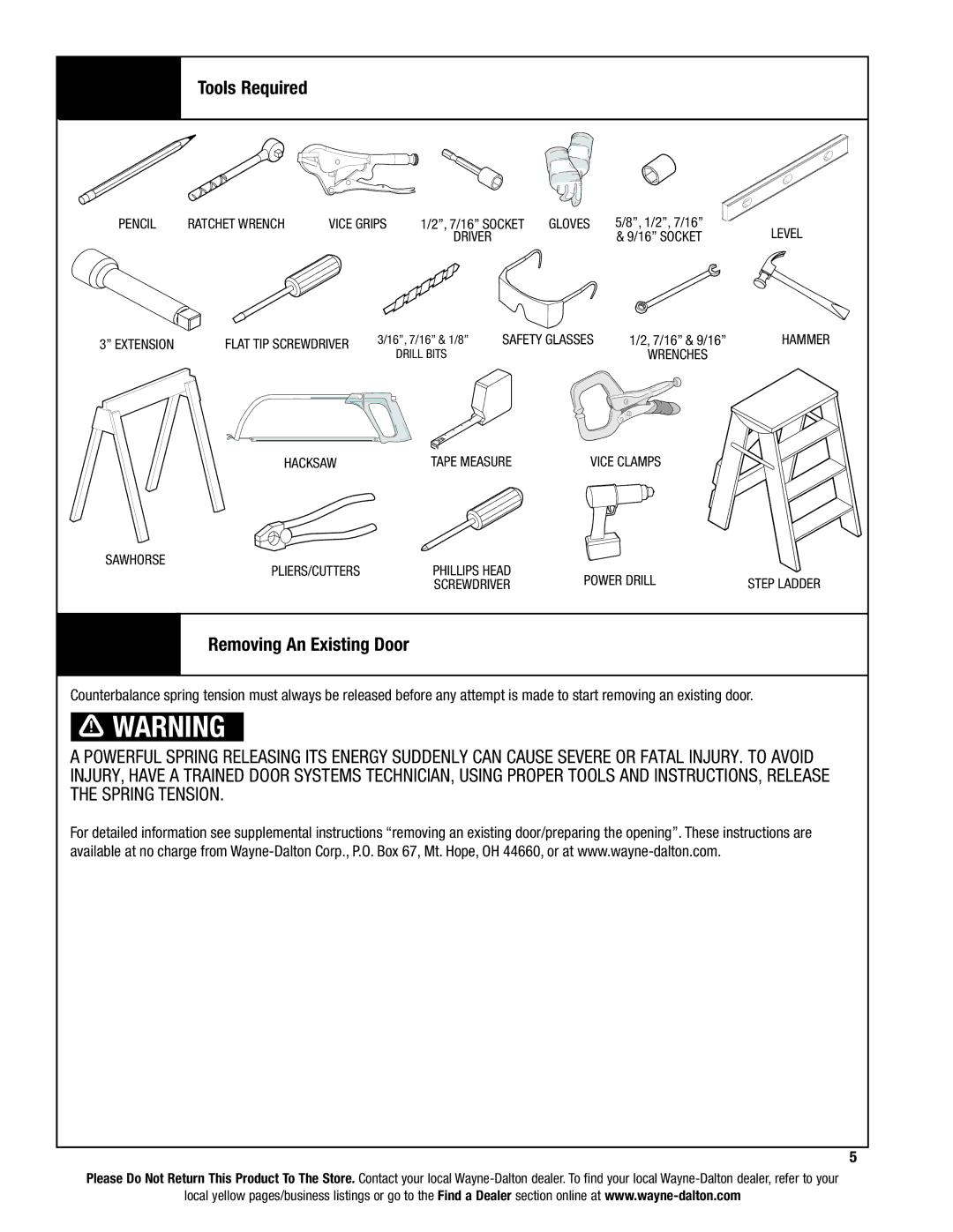 Wayne-Dalton 9600, 9400, 9100 installation instructions Tools Required, Removing An Existing Door 