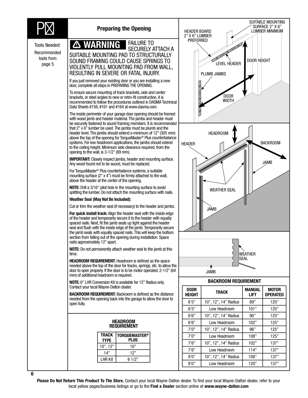 Wayne-Dalton 9400, 9100, 9600 installation instructions Securely attach a, Failure to, Suitable mounting pad to structurally 