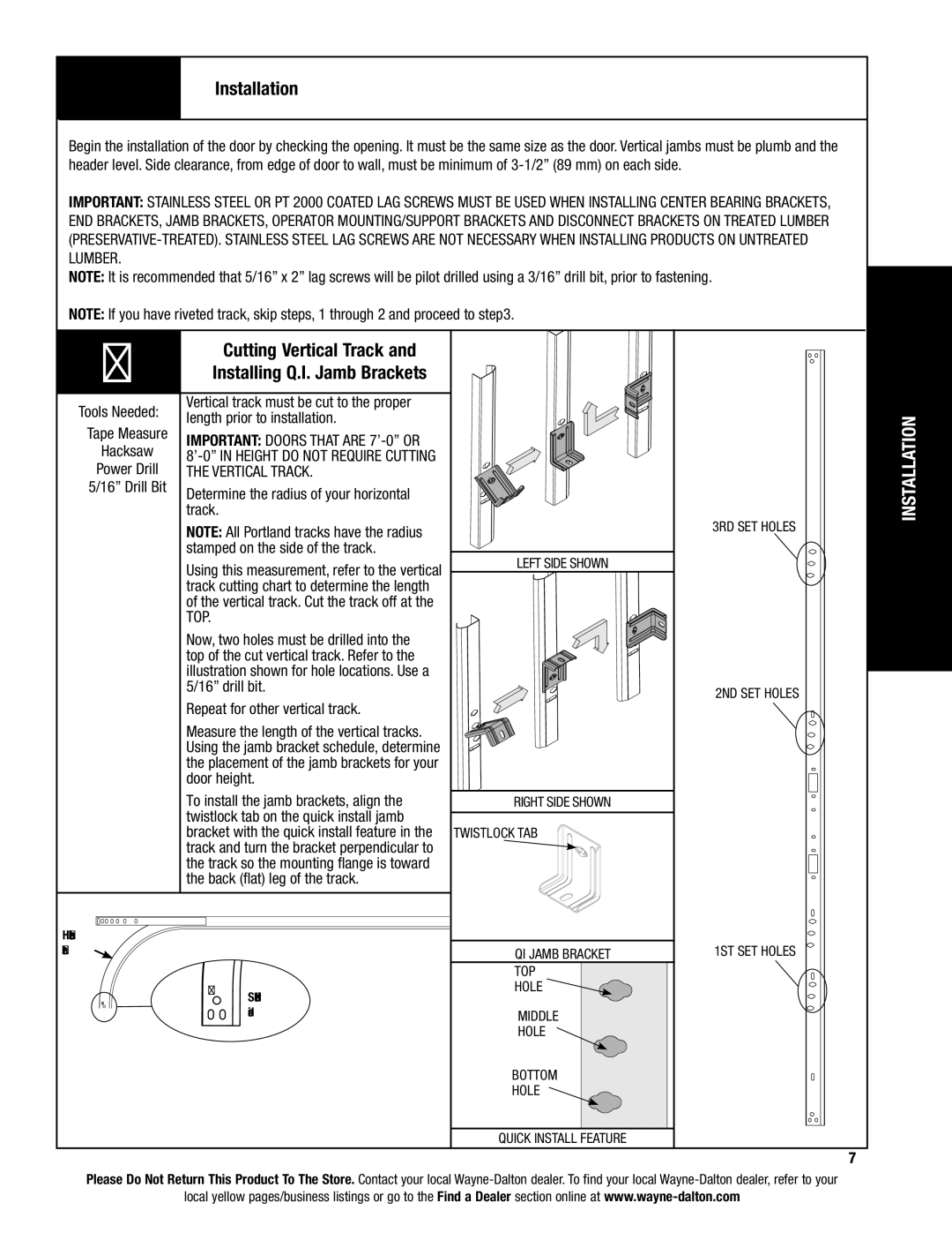 Wayne-Dalton 9100, 9400, 9600 installation instructions Installation, Cutting Vertical Track Installing Q.I. Jamb Brackets 